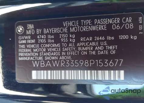 2008 BMW 328I from USA, damaged, VIN WBAWR33598P153677
